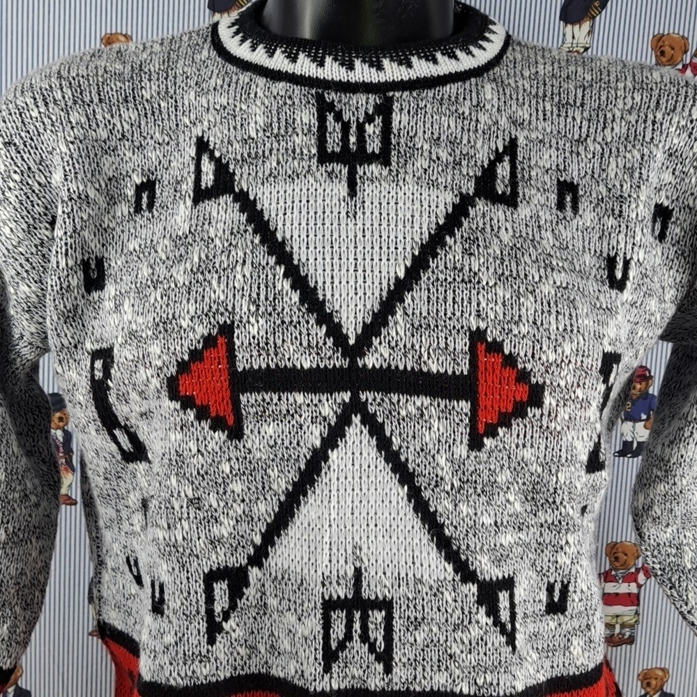 Vintage Adele Knitwear tribal arrows grampa gray & red Med chunky knit sweater - Picture 4 of 7